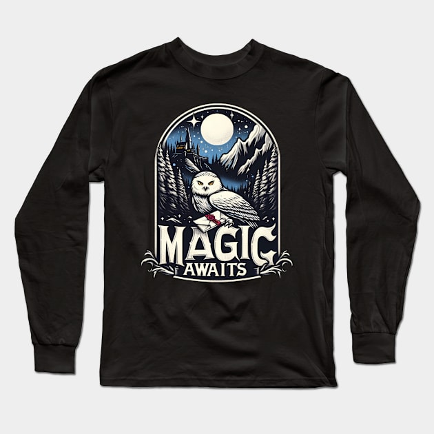 Magic Awaits - Snowy Owl with an Envelope in a Mystical Night - Fantasy Long Sleeve T-Shirt by Fenay-Designs